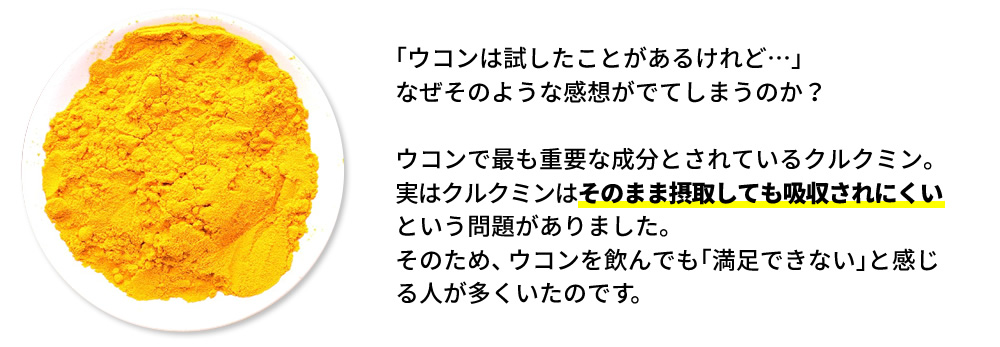 ｢ウコンは試したことがあるけれど…｣なぜそのような感想がでてしまうのか？ウコンで最も重要な成分とされているクルクミン。実はクルクミンはそのまま摂取しても吸収されにくいという問題がありました。そのため、ウコンを飲んでも｢満足できない｣と感じる人が多くいたのです。