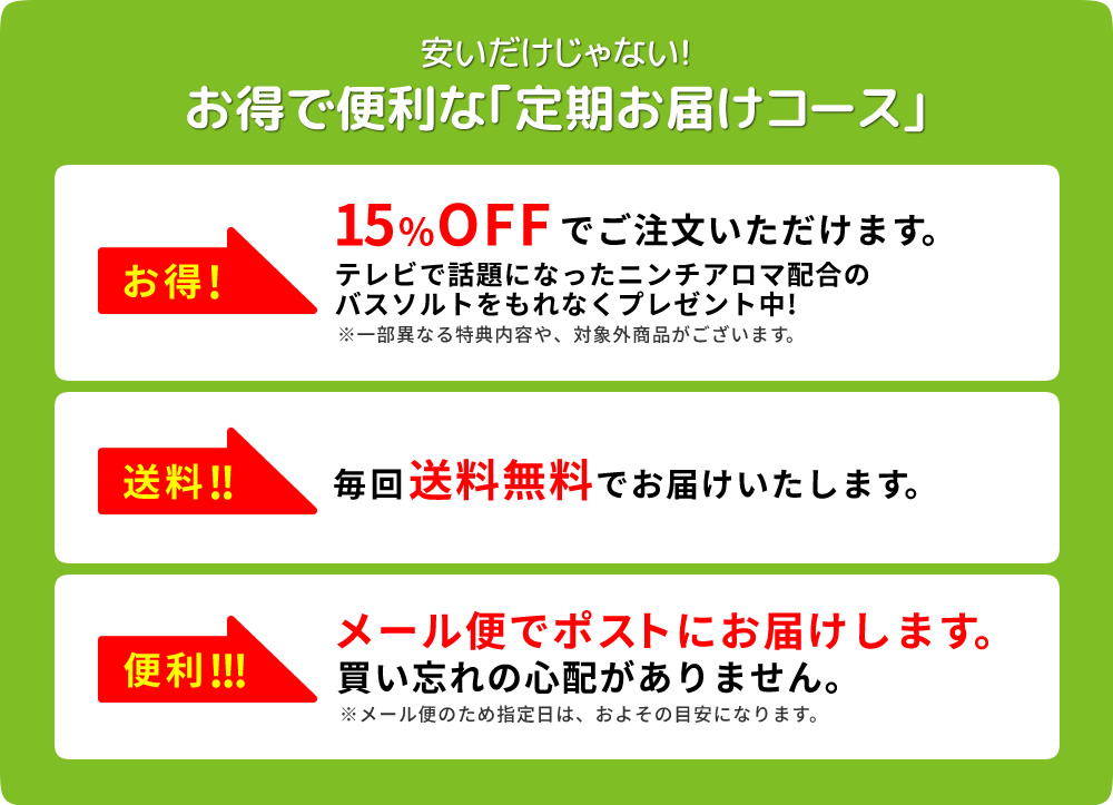 安いだけじゃない!お得で便利な｢定期お届けコース｣／お得!15%OFFでご注文いただけます。テレビで話題になったニンチアロマ配合のバスソルトをもれなくプレゼント中!　送料!!毎回送料無料でお届けいたします。　便利!!!メール便でポストにお届けします。買い忘れの心配がありません。※メール便のため指定日は、およその目安になります。
