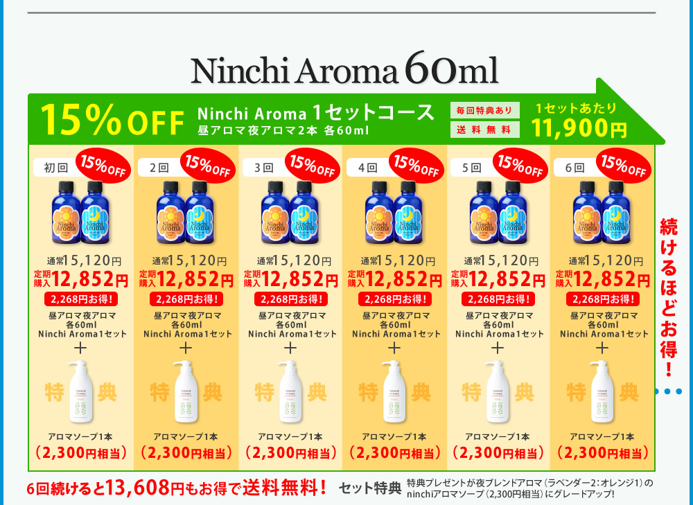 Ninchi Aroma15％OFF1セットコース　昼アロマ夜アロマ2本 各60ml 