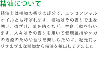 精油について:精油とは植物の香りの成分で、エッセンシャルオイルとも呼ばれます。植物はその香りで虫を誘い、遠ざけ、菌を防ぐなど、生命活動を行います。人々はその香りを用いて健康維持やケガの治療のためや香りを楽しむために、紀元前よりさまざまな植物から精油を抽出してきました。